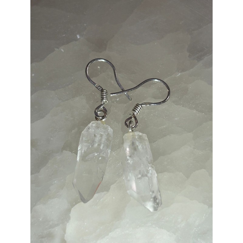 PENDIENTES CUARZO TRANSPARENTE EN BRUTO EN PLATA DE LEY DE 925