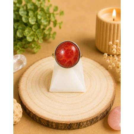 Anillo ajustable de Plata de Ley 925 con Coral De Manzana