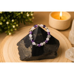 Anillo Triángulo de Oro de amatista, cuarzo rosa y cuarzo transparente con goma ajustable