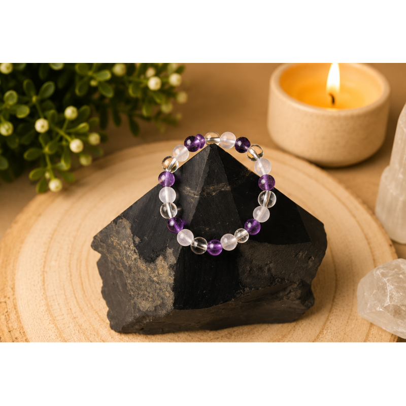 Anillo Triángulo de Oro de amatista, cuarzo rosa y cuarzo transparente con goma ajustable