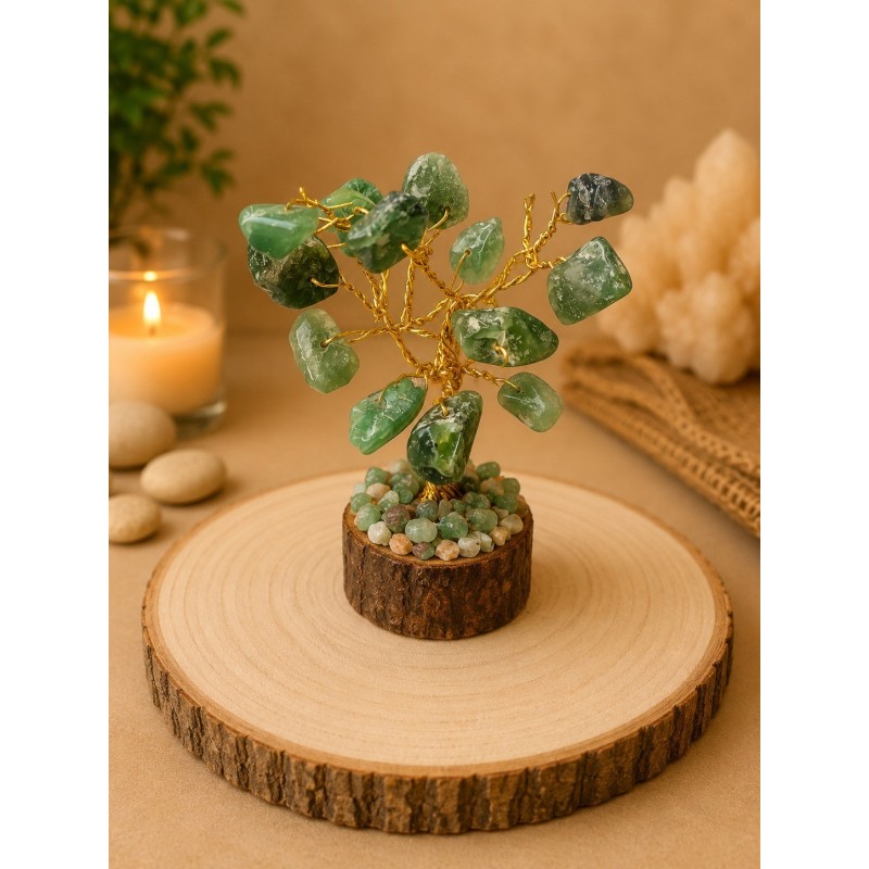 Árbol de alambre con cuarzo verde y base de madera