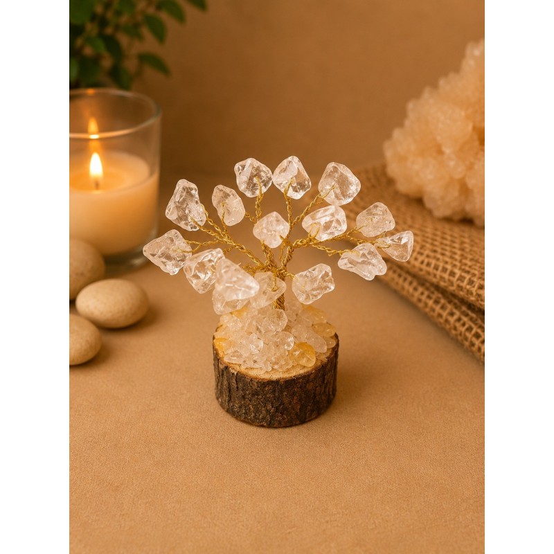Árbol de alambre con cuarzo transparente y base de madera