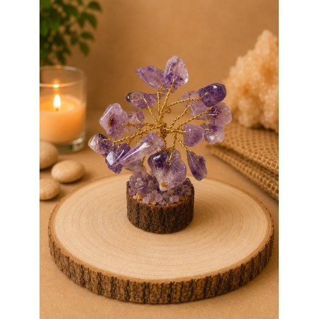 Árbol de alambre con amatista y base de madera