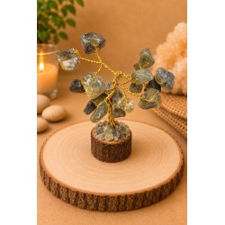 Árbol de alambre con labradorita y base de madera