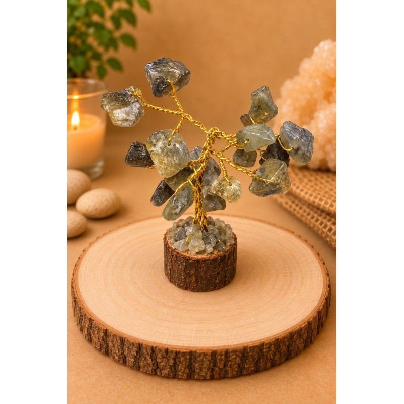 Árbol de alambre con labradorita y base de madera