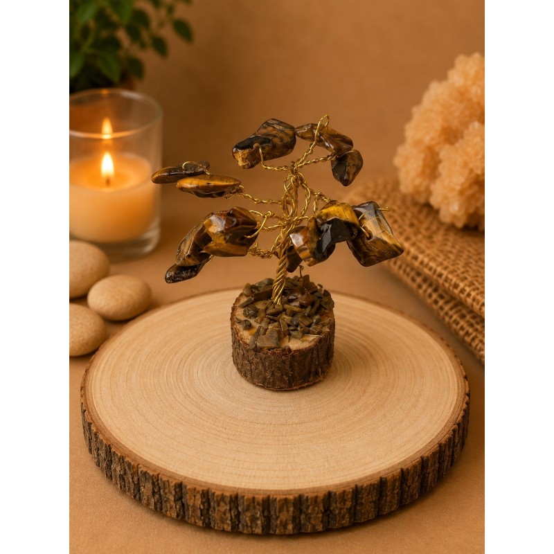 Árbol de alambre con ojo de tigre y base de madera