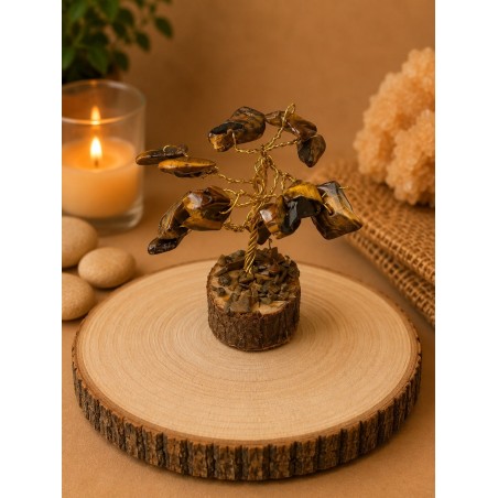Árbol de alambre con ojo de tigre y base de madera