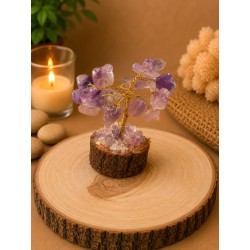 Árbol de alambre con amatista y base de madera