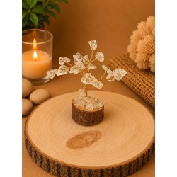 Árbol de alambre con cuarzo transparente y base de madera