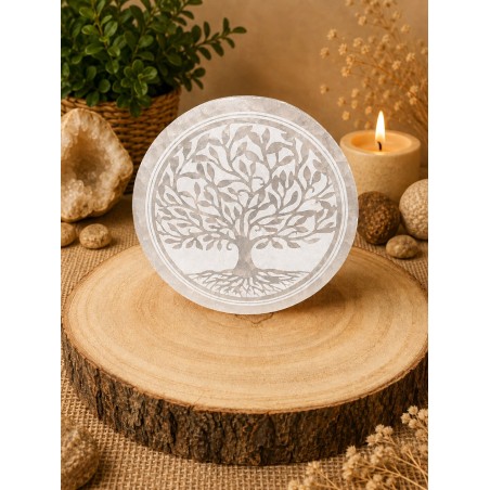 Placa de selenita blanca calidad extra con Árbol de la Vida